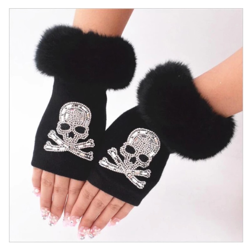 Fingerless Faux Fur Winter Skull Gloves